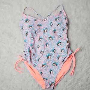 Bucee's One Piece Swimsuit Blue Orange Leopard Swimwear - Padded Large